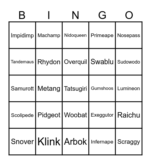 Shadow Bingo Card