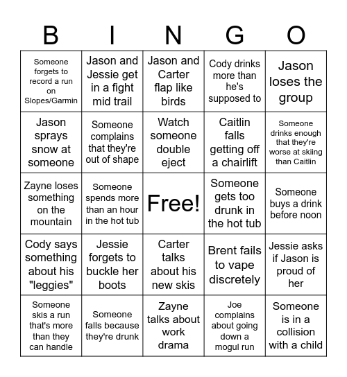 Whitefish Ski Trip Bingo Card