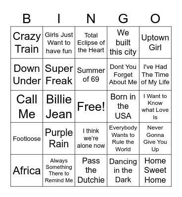 80's Bingo #1 Bingo Card