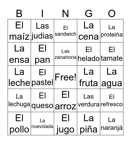 Spanish bingo Card