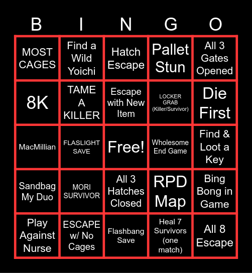 DEAD BY DAYLIGHT BINGO TEDDI & LEFTY Bingo Card