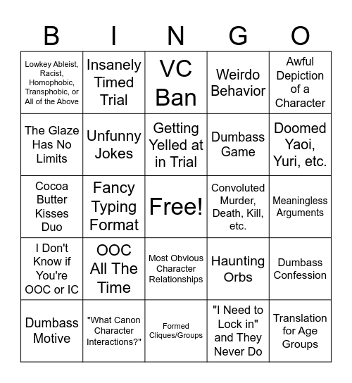 Killing Game (Slander) Bingo Card