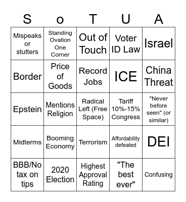 State of The Union Address Speech Bingo Card