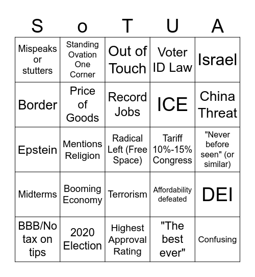 State of The Union Address Speech Bingo Card