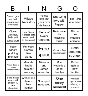 Sofia the First Royal Magic Hopes and Dreams and Predictions Bingo Card