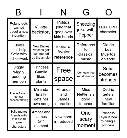 Sofia the First Royal Magic Hopes and Dreams and Predictions Bingo Card