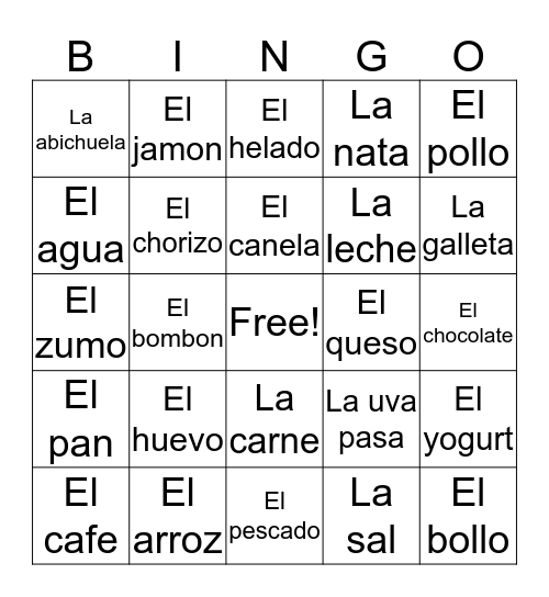 Food Bingo Card