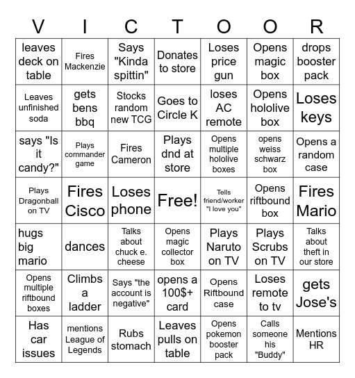 Victor 2026 Bingo Card Janurary-June Bingo Card