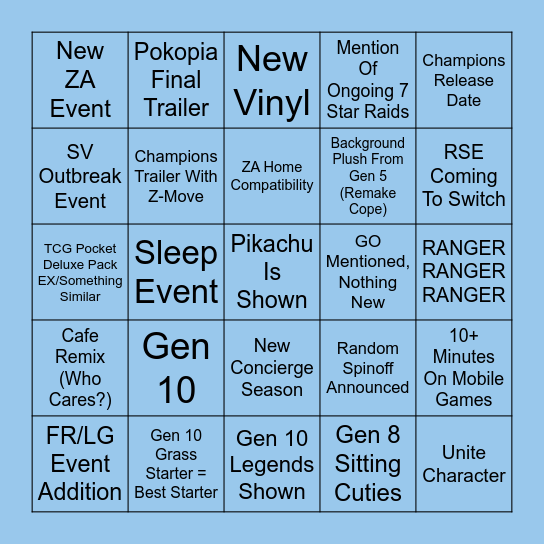 Pokémon Presents 2/27/2026 Bingo Card