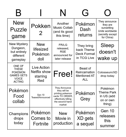 Pokemon Hope Bingo Card