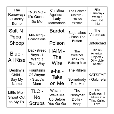 BOY BANDS v.s GIRL GROUPS Bingo Card