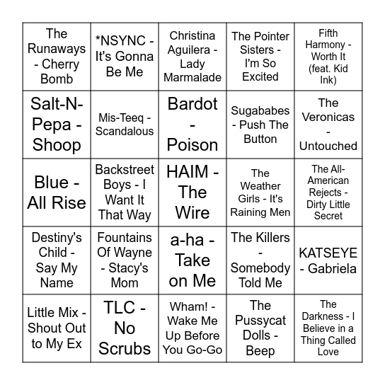 BOY BANDS v.s GIRL GROUPS Bingo Card