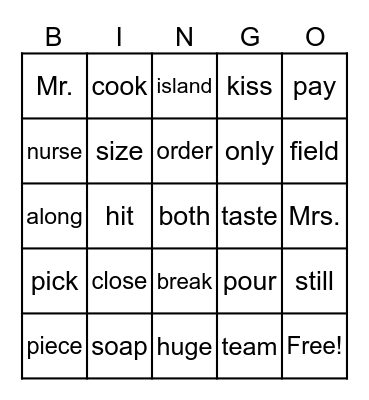 English Day - Grade 6 Bingo Card