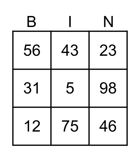 Test Bingo Card