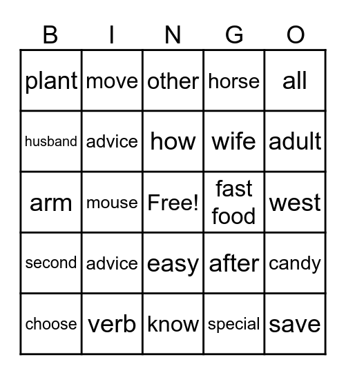 English Day - Grade 5 Bingo Card