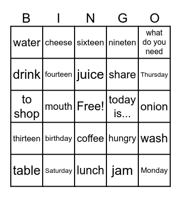 English Day - Grade 4 Bingo Card