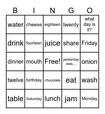 English Day - Grade 4 Bingo Card