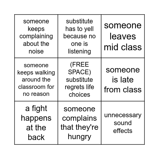 Substitute day bingo Card