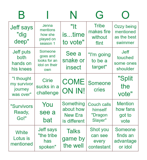 Survivor Season 50 Bingo Card