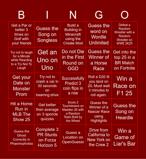 GAMING Bingo Card