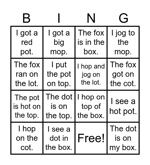 Short o Bingo Card