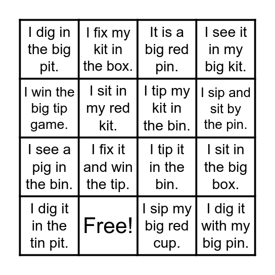 Short i Bingo Card