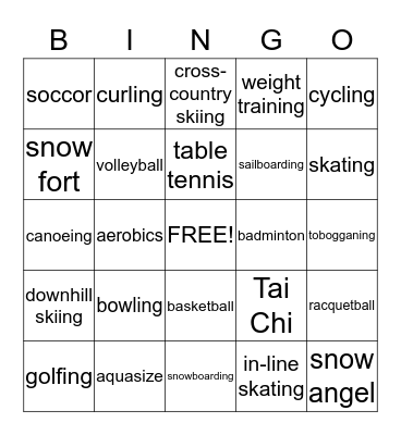 Recreation Activities Bingo Card