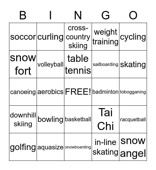 Recreation Activities Bingo Card