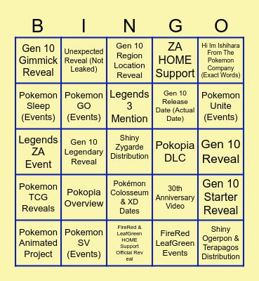 Pokemon Presents Bingo Card