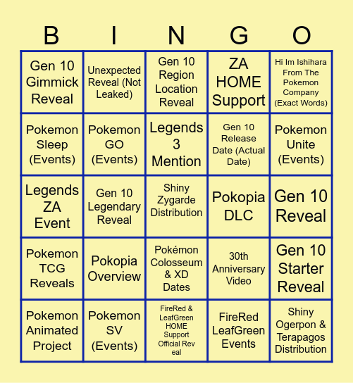 Pokemon Presents Bingo Card