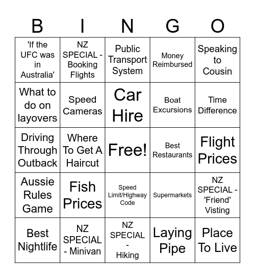 Land Down Under Bingo Card