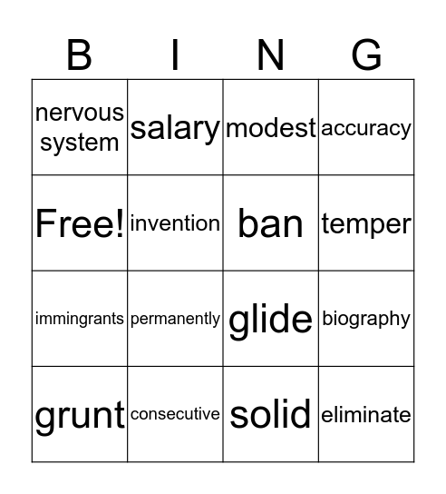 Grade 4 Vocabulary Review Bingo Card