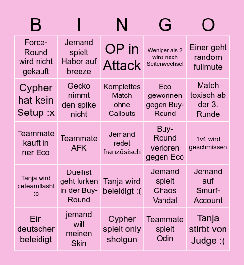 Valorant Bingo Deutsch Bingo Card