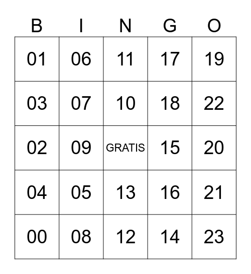 BINGO CON LOS NÚMEROS 0-23 Bingo Card