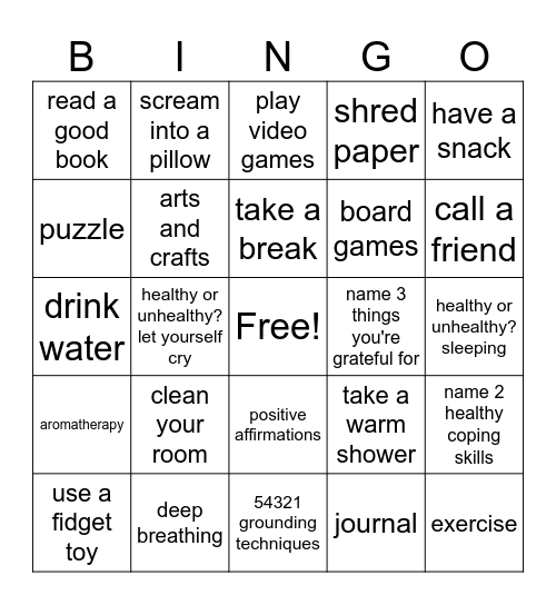 coping skills bingo Card