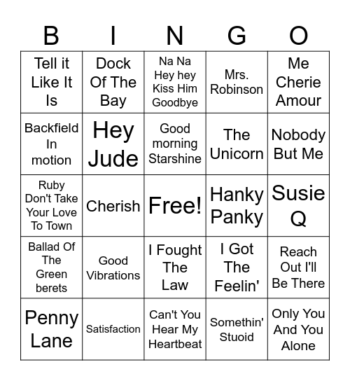 60s Hits Bingo Card