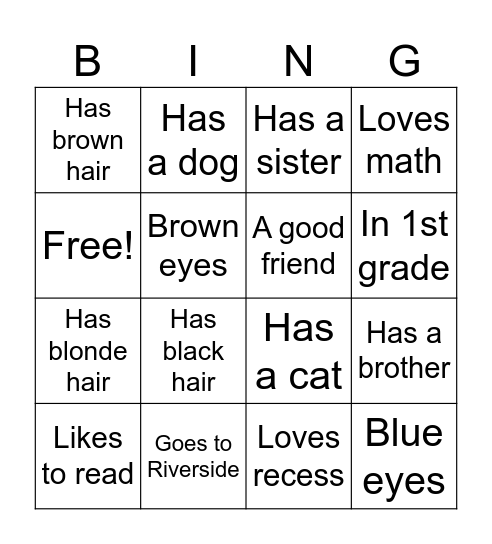 1st Grade Connections Bingo Card