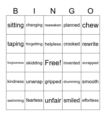 Spelling words Bingo Card