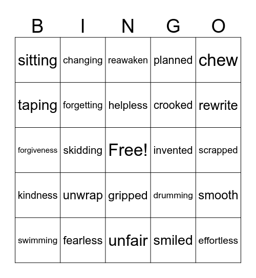 Spelling words Bingo Card