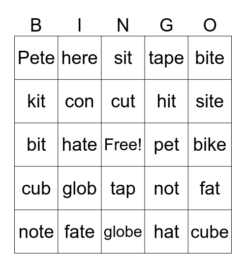Magic E Bingo Card