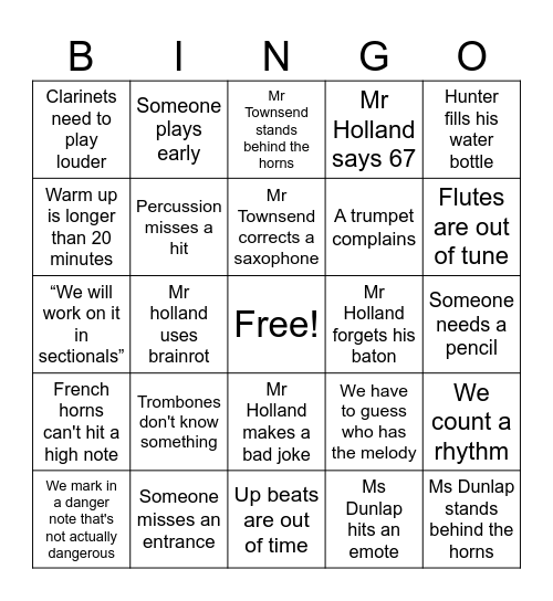 Concert band bingo Card