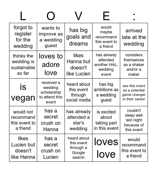 HAL : Wedding Bingo Card