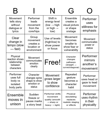 Theatrical Movement Bingo Card