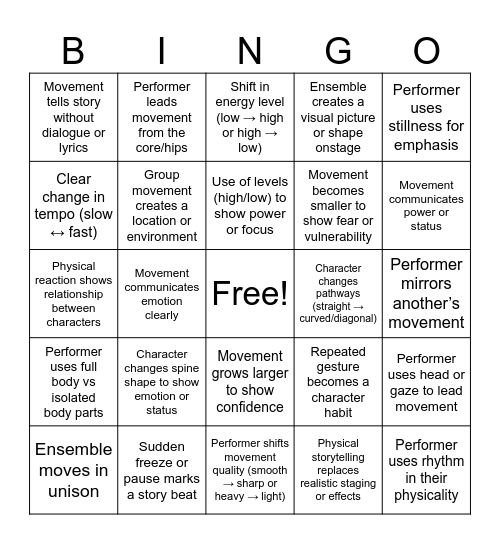 Theatrical Movement Bingo Card