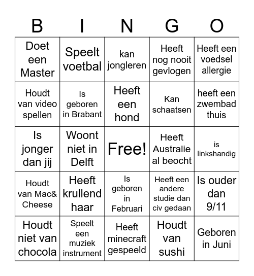 Menselijke Bingo Card