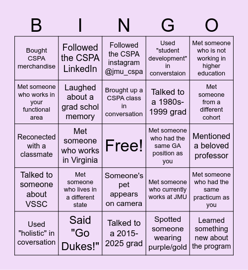 CSPA Alumni Bingo - March Bingo Card