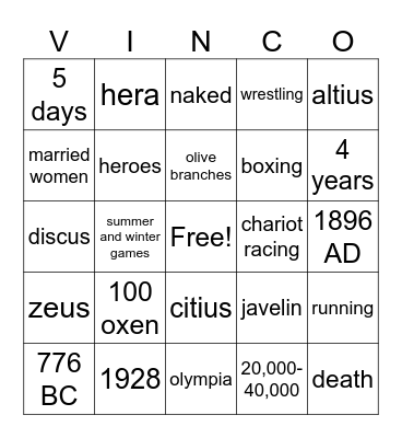 Ancient Greek Olympics Bingo Card