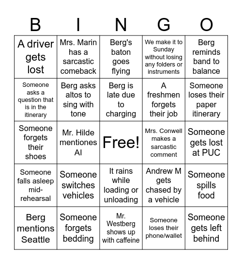 Music Tour Bingo Card