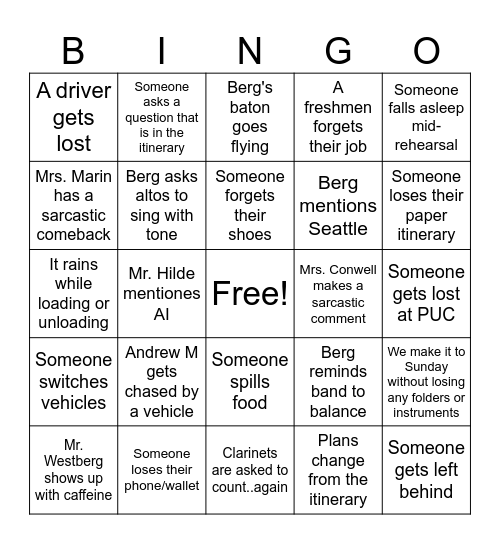 Music Tour Bingo Card