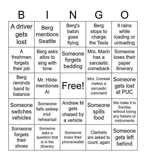 Music Tour Bingo Card